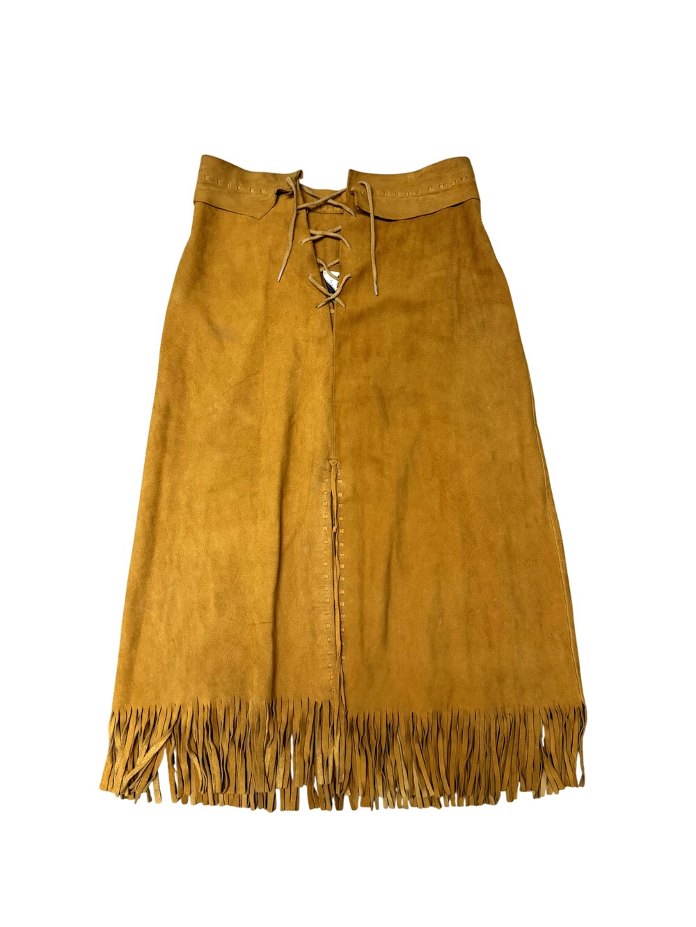 Vintage Santa Fe Suede Fringe Skirt Womens 9/10 Brown Maxi Lace Up USA Boho 60s